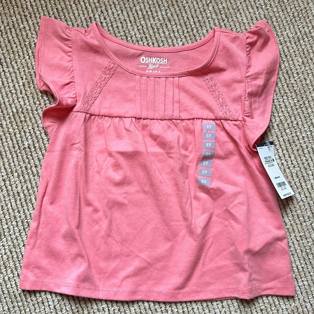 NWT Oshkosh toddler girl 5T coral/mauve/pink ruffle cap short sleeve detail top